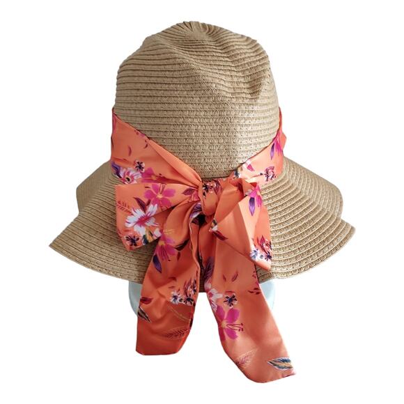Steve Madden Orange Floral Packable Summer Beach Hat Swimsuit Cover Wrap set NWT - Picture 5 of 8